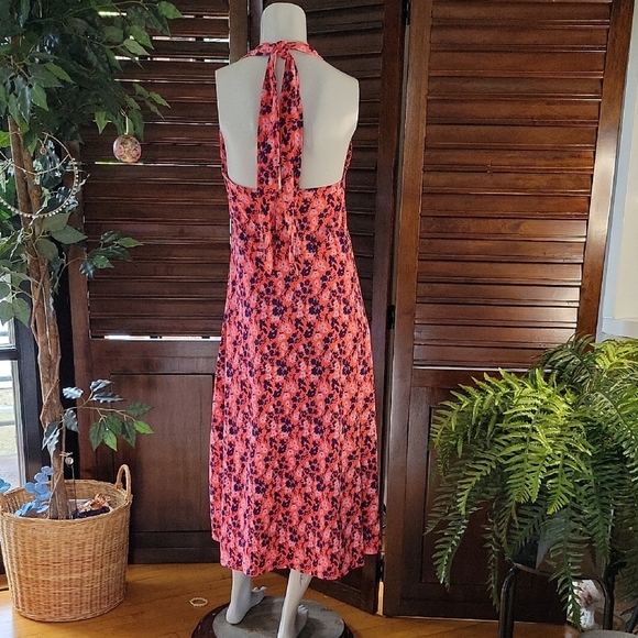 NWT Pact Halter Dress Pink Floral Print Built In Bra Back Tie Fit and Flare Sz L - Picture 2 of 9